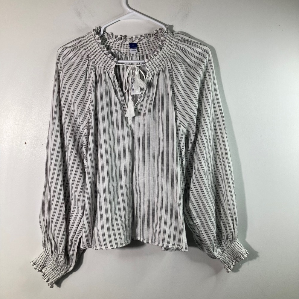 Womens Old Navy Striped Boho Tunic Top V Tie Neck White Gray M Long Sleeve NWT